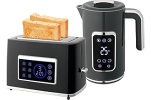 HOMCOM Kettle and Toaster Set with LED Touch Screen, 1.7L 3000W Rapid Boil Jug Kettle with Stainless Steel Inner, Keep Warm Memory Function, Cool Touch Body, 2 Slice Toaster w/6 Browning Levels, Grey
