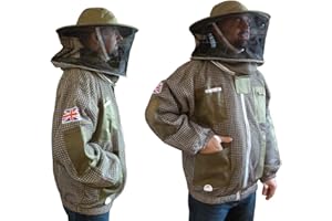 AGS Veste d'apiculture verte ultra ventilée à 3 couches avec chapeau rond (taille L)