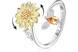 MILACOLATO S925 Sterling Silver Fidget Rings for Women Adjustable Open Band Ring Cubic Zirconia Sunflower Ring You are My Sunshine Spinner Ring Gift for Women or Your Love