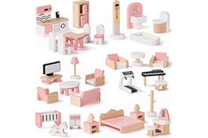 Atoylink Wooden DollHouse Furniture Set, 34 Pcs Miniature Dollhouse Accessories with 5 Room Kit, Living Room, Kitchen, Bedroom, Bathroom, Babyroom for Playhouse, Pretend Play Toys for Kids Girls