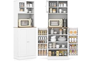 COSTWAY 170cm Tall Kitchen Cupboard, Buffet Pantry Storage Cabinet with 8 Door Shelves, 5 Adjustable Shelves, Glass Door & Anti-tipping Device, Freestanding Sideboard Organizer for Home Dining Room