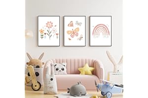 Encuryna Juego de 3 pósteres para habitación de bebé, arcoíris/mariposas/flores, cuadros sin marco, pósteres de pared, cuadros para habitación de bebé, decoración para niños y niñas (40 x 30 cm)