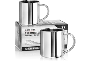 com-four® 2x tasses thermiques en acier inoxydable - 350 ml par tasse - tasse isolante à double paroi - tasse à café incassable - tasse à boire thermique - va au lave-vaisselle (350ml V2)
