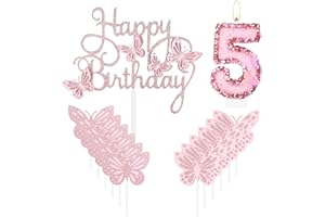 MCISKIN Geburtstagskerze "Happy 5th Butterfly", rosa Nummer 5, Kerze mit Glitzer, Schmetterlingskuchen, Cupcake-Topper für Mädchen, erster Geburtstag, Dekorationen, Mädchen, rosa Schmetterlings-Thema für 5.