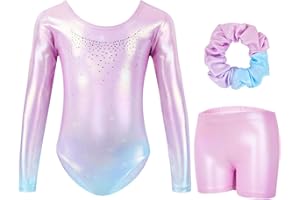Gogokids Mädchen Dreiteilige Gymnastikanzüge, Langärmliges Gymnastik Set mit Shorts und Haarband, Glitzernde Balletteinheitstrikots - Gymnastik Outfit mit Farbverlaufdesign für 3-12 Jahre