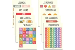 BAMMI 8 Affiches Éducatives 30x42cm – Posters Pédagogiques pour Enfants : Alphabet, Nombres, Couleurs, Formes, Jours, Mois, Émotions, Saisons