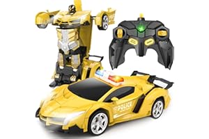 Britik Toys for Kids 3-8 Year Old: Transforming Remote Control Police Car Toys Gifts for Boys Age 3 4 5 6 7 8 Birthday Presents Toy for Toddler Transformable 2 in 1 Robot RC Car Toy-Yellow
