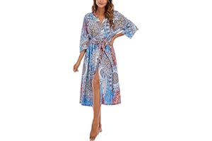 MAGIC ARMOR Damen Bademantel Leichter 3/4 Ärmeln Morgenmantel, Weich und V-Ausschnitt Kimono Roben Langes Nachtwäsche mit Taschen S-XXL