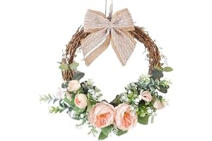 JIAJIAYI Artificial Peony Wreath Handmade Flower Wreath with Eucalyptus Leaves Summer Spring Grapevine Wreaths Decoration for Door Farmhouse Party Wedding Home Wall Hanging Decor