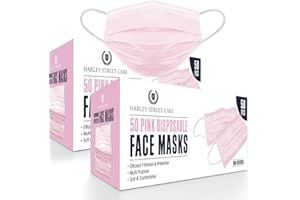 H HARLEY STREET CARE Harley Street Care Disposable Pink Face Masks Protective 3 Ply Breathable Triple Layer Mouth Cover with Elastic Earloops (Pack of 100)
