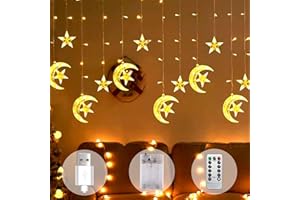 Rideau Lumineux Ramadan 3.5m Aluusy Lune Étoiles Guirlande Lumineuse Rideau 8 Modes, Pile/USB, Ramadan Rideau Lumineux Interieur Exterieur Noël Decoration pour Fenêtre Noël, Chambre à Coucher, Balcon