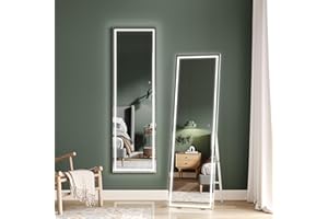 Dripex LED Full Length Floor Standing Mirror, 140x40CM Wall Mounted Mirror with Dimming & 3 Color Lighting for Bedroom (White Frame)