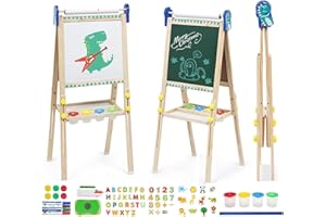 MAYCOLY Kids Easel with Paper Roll Foldable Double Sided Chalkboard Whiteboard Height Adjustable Wooden Art Easel with Folding Storage Tray Numbers Alphabet Animal Accessories Painting Set for Boys Girls