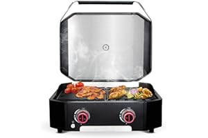 cozze® Plancha Gasgrill 600 mit Deckel | 2 Brenner | Wendeplatte aus Gusseisen | LED-Drehregler mit Leuchtanzeige | Inkl. Schlauch & Regler | 50 mbar | 65 x 57 cm