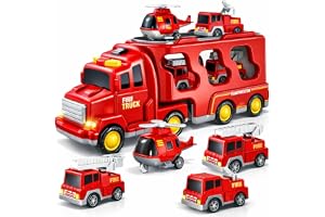 BLmukce 5-i-1-brandbilsspel för små barn pojkar & flickor, friktions-biltransportör med ljus & ljud, födelsedagspresent för b