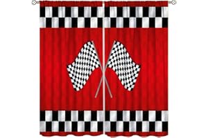 YCNESS Racing Car Kids Curtains, Boys Construction Vehicles Window Treatments for Boys Bedroom,Red Racing Flag Drapes 2 Panel Sets,52x84 Inch