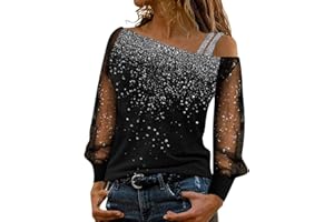 Iuyhau Women Fashion Shiny Sequin Sparkly Tops Printing Sexy Mesh Long Sleeve Off Shoulder Splice T-Shirt Glitter Blouse Party Club Loose Shirt Outwear
