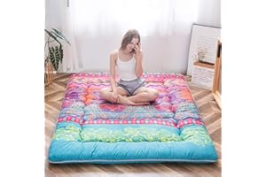 MAXYOYO Bohemian Retro Floor Mattress Vintage Floral Japanese Futon Mattress Roll Up Thicken Sleeping Bed Portable Camping Mattress Floor Lounger Couch Bed Mattress Pad (Bohemian B, Double)