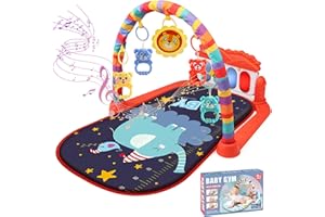 WHDJSPIN Baby Play Mat, Baby Play Gym Piano with Light, Music and 5 Hanging Rattles 0-3 Month Padded Playmats & Floor Gyms Tummy Time Baby Playmat, Little Elephant Print