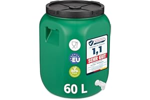 Garronda 60 litros con grifo Bidón de plástico, Barril alimentario en HDPE y sin BPA, depósito de agua, Barril universal de boca ancha, tonel de jardín, Contenedores de almacenamiento GD-0142, Verde