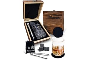 JOVRUN Whiskey Gift Sets for Men – 1 Premium Crystal Whiskey Glasses with 4 Reusable Whiskey Stones, Tongs, and Coasters in Wooden Box, Perfect Christmas or Birthday Present for Dad Husband Boyfriend