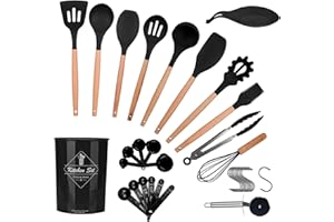 ONATISMAGIN Lot de 35 ustensiles de cuisine en silicone antiadhésif, coend une spatule, une cuillère fendue, une cuillère, une roue à pizza, un crochet et plus encore (noir)