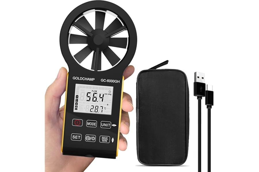 Digital Anemometer, CFM Rechargeable & Waterproof Anemometer Measures Wind Speed(0.3~30m/s), Air Volume(0-999900 ft3/min) with Touch Screen, Backlight Display for HVAC, Shooting, GOLDCHAMP