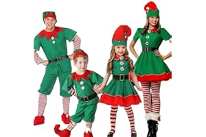 Generico Natale Set Famiglia Costumi Divertente Costume da Elfo di Natale Bambino Uomo Donna Elf Vestito da Bambini Verde Completo Costume da Elfo Natalizio Carnevale di Cosplay Feste