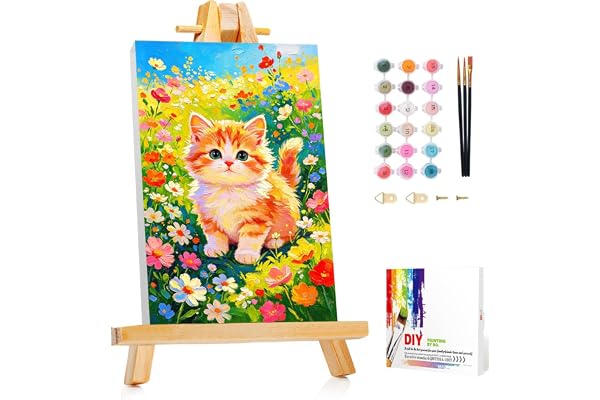 Katt måla efter siffror barn från 7 8 9 10 med ram staffli 20 x 30 cm | Måla efter siffror djur för gåva gör-det-själv pysselset dekorera