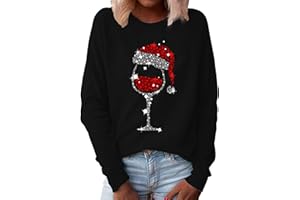 GENERISCH Weihnachtspullover Damen Lustig Rot Weinglas Langarm Weihnachts Sweatshirt Glitzer Weihnachtspulli Baumwolle Herbst Winter Pullover Ugly Christmas Sweater Rundhals Langarmshirt Xmas Oberteile
