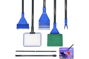 Cisolen Limpieza Acuario Kit de Limpieza de Acuarios 5 en 1 Herramienta Juego de Limpieza de Tanque de Peces de Acuario Multifunción con Red de Limpieza y Raspador de Algas