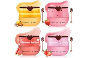 AOAZXBB 4PCS Lip Mask and Lip Scrub Set, Moisturizing Lip Sleeping Mask Reduces Lip Lines, Strawberry and Honey Pot Lip Balm, Lip Exfoliator Scrub