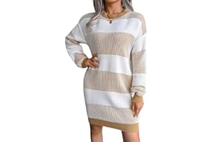CUPSHE Damska sukienka z dzianiny, z okrągłym dekoltem, długie rękawy, kontrastowe paski, na jesień i zimę, sweter, sukienka dzianinowa