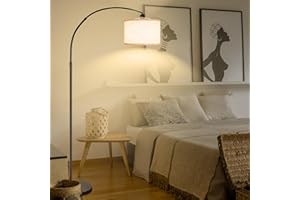 CCLIFE Stehlampe Dimmbar Wohnzimmer Bogenlampe LED E27 Leselampe 60W 2700-6000K Fußschalter 360° Drehbarer Lampenkopf, Beige Höhenverstellbar 165cm-175cm CushHom