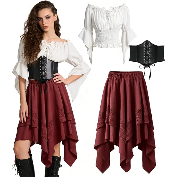 FiveMileBro Ensemble d'Accessoires de Costume de Pirate, Ensemble de Déguisement de Pirate Médiéval avec Ceinture, Bandana, pour Fête Halloween, Carnival Adulte Enfant (rouge foncé
