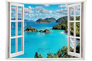 Ulticool – Finestra trasparente mare natura spiaggia montagne – arazzo poster – 200 x 150 cm – poster da giardino – blu