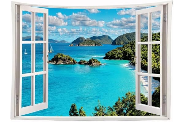 Ulticool – Fenêtre Transparente Mer Nature Plage Montagnes – Tapisserie Affiche – 200 x 150 cm – Affiche de Jardin – Bleu