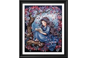 Leczany Kit de point de croix à faire soi – meme kit de démarrage de broderie pré - imprimée canevas kit complet adulte ou enfants pour les debutants - Une petite fille qui lit 34x42cm