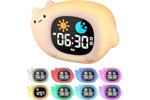 YISSVIC Sveglia Bambini Educativa Giorno Notte con 2 Allarmi, Luminosità Regolabile, Formato 12/24h, Snooze e Luce Notturna 7 Colori Include 10 Melodie - Gatto