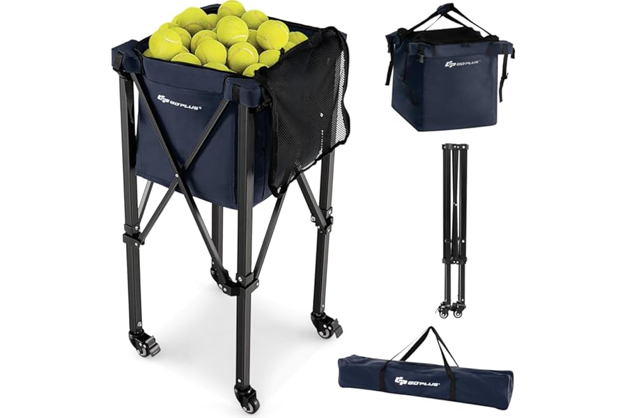 COSTWAY Tennis Ball Cart, Wheeled Tennis Hopper with Removable Bag, Side Pockets & Carry Bag, Lightweight Sports Teaching Basket Holds 150 Tennis Balls