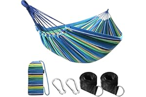 Anyoo Bawełniany hamak wygodny materiał z paskami przyjaznymi dla drzew, trwały, przenośny hamak z torbą podróżną, idealny do ogrodu, na kemping, na zewnątrz, do wewnątrz, na patio, balkon, podwórko