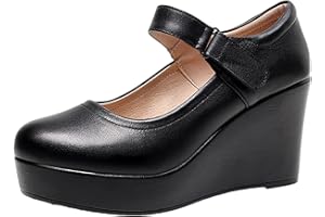 Jamron Femme Plateforme Haute Talon Compensé Mary Jane Chaussures Crochet et Boucle Escarpins Cuir