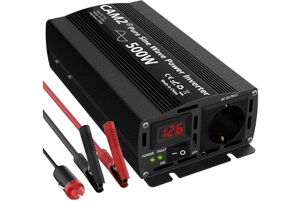 CAM2 Onduleur sinusoïdale Pure 500 W/1000 W Puissance de crête Convertisseur,12V vers 220V/230V/240V,1 EU-et écran LED pour Ordinateur Portable, Tablette, téléphone Portable, détection Intelligente