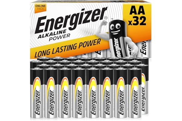 Energizer Alkaline Power - Pilas AA (Paquete de 32) - 1,5V Baterías Alcalinas - para Aparatos Domésticos y Electrónicos - Embalaje 100% reciclable - 7 años de Vida útil [Exclusivo en Amazon]