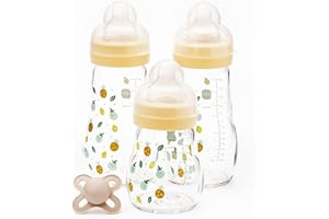MAM Glass Baby Bottles & Soother Starter Set | 4 Pieces | 2x 170ml and 1x 260ml Feeding Bottles | 1x 0+ Months Soother | Perfect Baby Accessories for Newborn