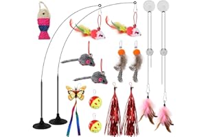 QUOZUO Katzenspielzeug Selbstbeschäftigung, 18 Stück Katzenangel mit Federn, interaktives katzenspielzeug mit Saugnapf und Glöckchen, hängendes katzenspielzeug für türrahmen