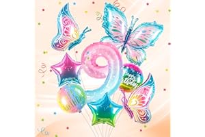 PARTYHAUSY Butterfly 9 Balloons Set 9th Birthday Party for Girl,8Pcs Butterfly Birthday Party Decoration,Number Balloon 9 and Colorful Butterfly Balloons 9th Birthday Party Supplies Decor