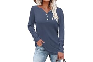 WNEEDU Camiseta Manga Larga Mujer Jersey Ligera Henley Camisas Cuello V Casual Blusa con Botones