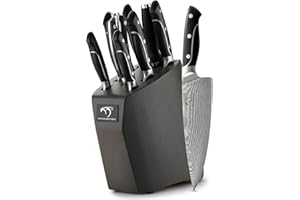 NANFANG BROTHERS Couteau de Cuisines, Set Couteaux Acier Inoxydable Damas 9 Pieces, Bloc de Couteaux avec Couteau de Chef, Bloc en Bois, Lot de Couteaux Cuisine Professionnelle