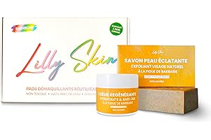 Pack Routine Lilly Skin - Coffret Beauté Visage Femme - Kit de Soin pour la Peau - Ensemble Composé de 7 Pads Carrés Démaquillants Lavables et Réutilisables, 1 Savon Exfoliant, 1 Crème Régénérante